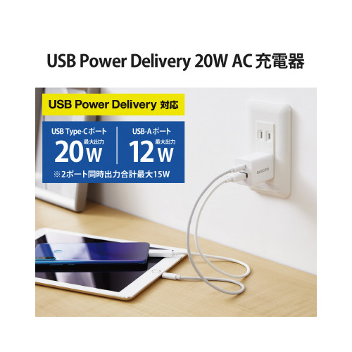 AC充電器 20W PD ホワイト 充電器が斜め上から撮影され、コンパクトなデザインが際立つ状態
