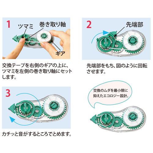 修正テープ　ホワイパーエコ　交換テープ　5mm幅×7m　グリーン　1個 透明なパッケージに入った緑色のテープが横向きに配置されている様子