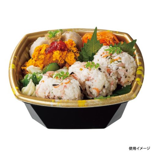 どんぶり容器 Kランチ-8 本体耐熱金桜 ケーピープラテック 透明な容器に入った美しい金桜模様が施されたどんぶりの横からの視点