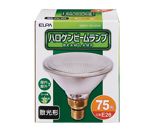 AC110V/ 60W/ 75形 ビームランプ(散光) パッケージの側面が見える状態で、ラベルには製品情報が印刷されている。