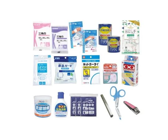 防災用救急箱セット　5人用 鮮やかな赤い収納ボックスが並んでいる様子で、内部に救急用品が整理されている状態