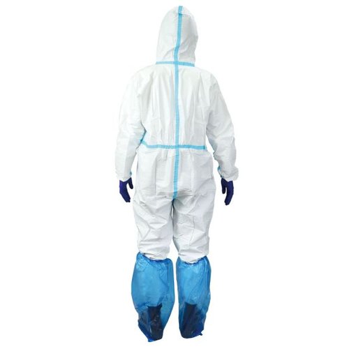 ディスポ白衣 防護服 全身保護 5点セット L アーテック 全身を覆う防護服が鮮やかな色で展示されている様子
