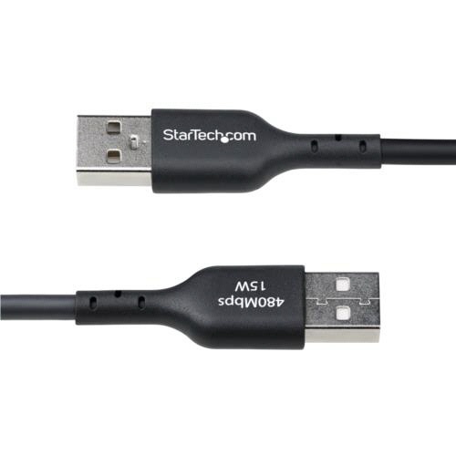 USB2.0ケーブル　Type　A(オス)-Type　C(オス)　3m　ブラック　1本 光沢のある黒いケーブルが伸びている様子、端子部分の詳細がはっきりと見える。