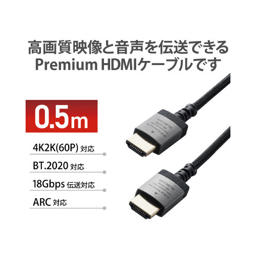 HDMIケーブル 50cm ブラック 黒いケーブルが真上から見える状態で、端子はしっかりと認識可能。