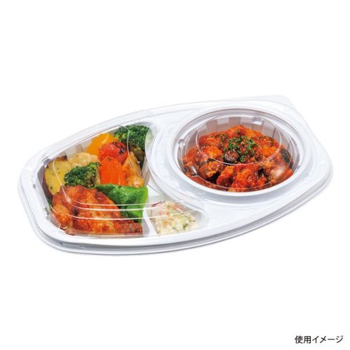 弁当容器 DLオーバル26-18 白 本体 エフピコチューパ 透明な容器に詰められた丸みを帯びたデザインの側面