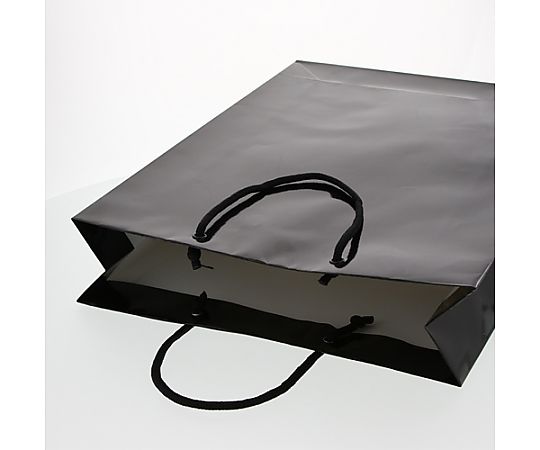 330x100x450mm 紙袋(フィルム加工/黒/10枚) 黒いフィルム加工の紙袋が整然と並べられ、取っ手が上を向いている状態