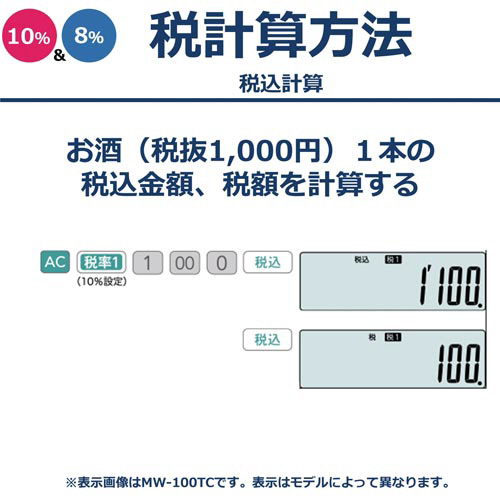 W税率電卓ジャストタイプJW-200TC-N12桁 明るい背景に置かれたディスプレイに数字が表示されている状態