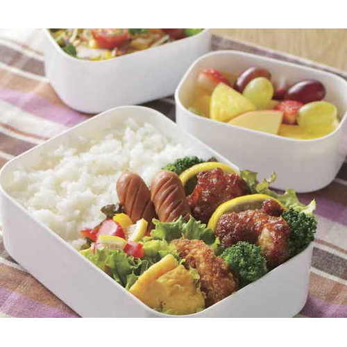 弁当箱　ピクニック　1350ml　アクティア　フード&ランチボックス 正面から開いた状態で中身が見える赤と白のボックス