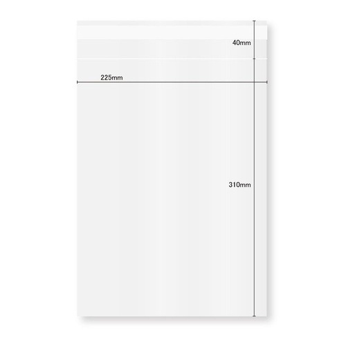 今村紙工 テープ有 OPP袋 60μOPP袋 テープ付き A4サイズ 100枚 透明なOPP袋が重なり合っている状態で、テープが上部に付いている。