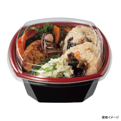 どんぶり容器 Kランチ-7 本体耐熱赤黒 ケーピープラテック 側面から見た二重構造の耐熱容器、赤と黒のカラーコンビネーション