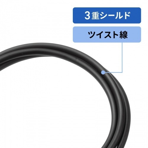DisplayPortケーブル　ブラック　1m　1本 表面が滑らかな黒色のケーブルが1本、端子部分が見える状態