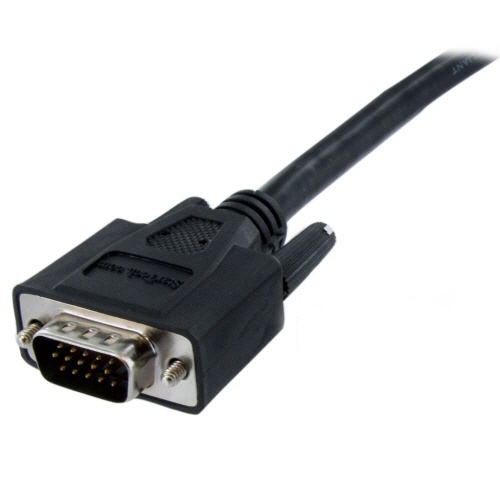 DVI-VGA変換ディスプレイモニターケーブル　2m　DVI　A-ミニD　Sub15ピン　オス/オス　ブラック　1本 ケーブルのコネクタ部分が拡大された状態、奥行き感が強調されている。