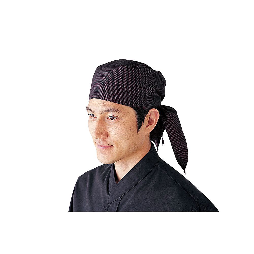 和風三角巾帽子 黒×エンジ画像