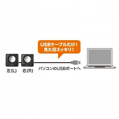 コンパクトUSBスピーカー(6W)　ブラック　1セット 丸みを帯びたデザインが特徴的なスピーカーが横向きに配置されている様子