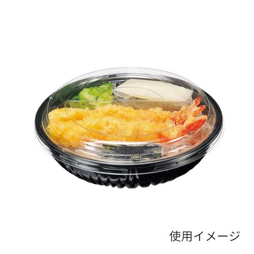 冷麺容器 バイオ M 大 本体 黒 リスパック 黒い冷麺容器が横から見える状態、蓋付きで積み重ねられた様子。