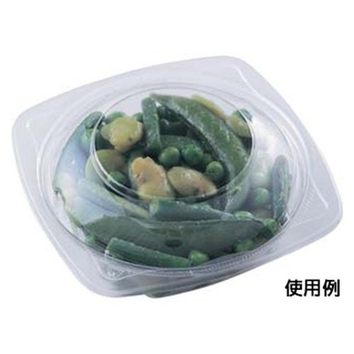 冷麺容器 APデリ-130-200 本体 エフピコ 透明の蓋が装着された容器が1個、斜め上から見える状態