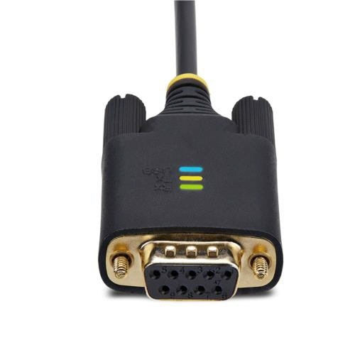 USB-RS232Cシリアル変換ケーブル　クロス　1m　ブラック　1本 ケーブルが直線的に伸びた状態で、接続端子が鮮明に見える様子