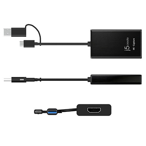 USB　4K　HDMIキャプチャーアダプタ　ブラック　1台 黒いキャプチャーアダプタが斜めから見える状態、コネクタ部分が強調されている。