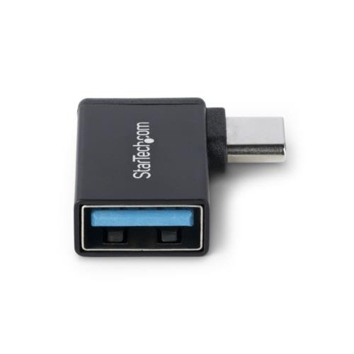 USB-C-USB-A変換アダプター　L型右向き　ブラック　1個 L型に曲がった右向きのアダプター、マットなブラック仕上げでコネクタ部分が強調されている状態