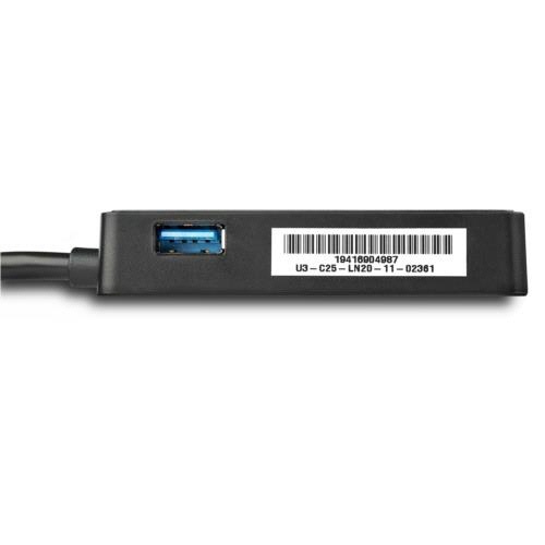 USB3.0-Gigabit　Ethernetアダプタ　ブラック　USBポート付　1個 アダプタの側面にUSBポートが見える状態