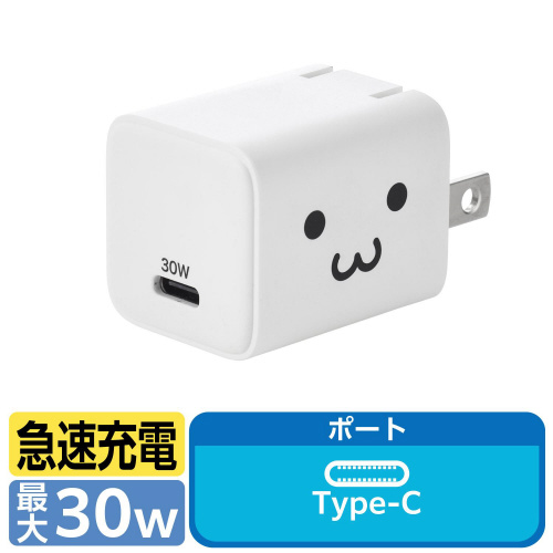 USB Type-C 充電器 小型 しろちゃん 白色の小型充電器が正面から鮮明に写っている様子