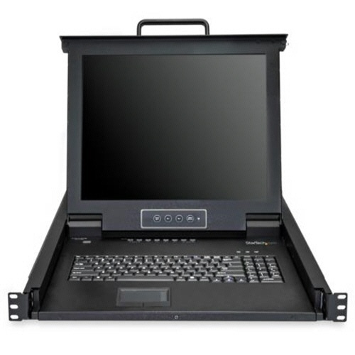 KVMコンソール　ラックマウント型　8ポート　17型モニター　1台 画面が正面に配置され、ラックマウント用の取付け金具が視認できる状態