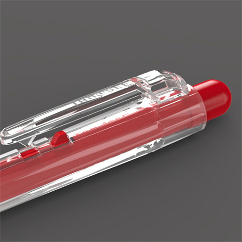 ノック式油性ボールペン　0.7mm　赤　(軸色:クリア)　1セット(100本:10本×10パック) 透明なパッケージに収められた赤いボールペンの数列