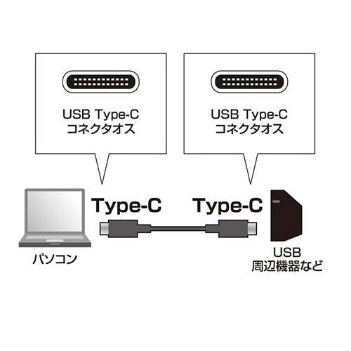 USB3.2　Type-C　Gen1　PD対応ケーブル　2m　ブラック(RoHS指令10準拠)　1本 コネクタ部分が見える状態で、全体が滑らかな黒色のケーブル
