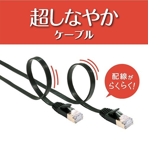 ミヨシ CAT.7 LANケーブル フラット ブラック 2m 1本 フラットな形状で、黒いケーブルが直線状に配置されている様子