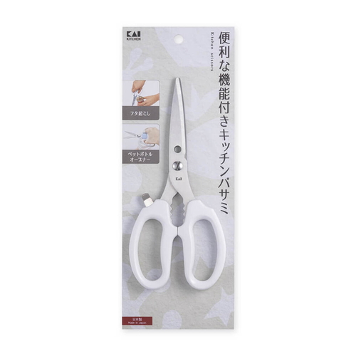 KK　キッチンバサミ　フタ起こし&ペットボトルオープナー付き 周囲に囲まれた状態で先端が鋭く、持ち手が見える角度。