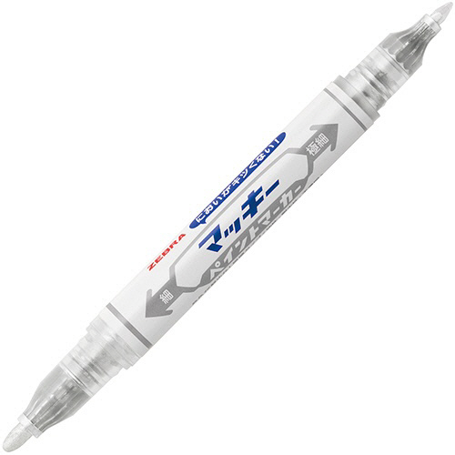 マッキーペイントマーカー　細字+極細　銀　1本 細長いボディの先端が見える状態で、キャップが外された状態