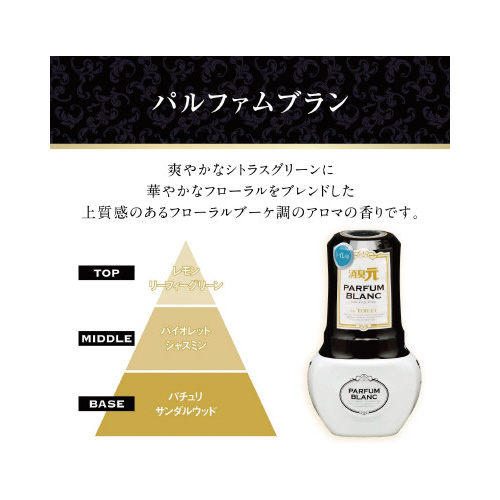 トイレの消臭元パルファム ノアール 400ml 商品のラベルが正面に向き、透明なボトルが台の上に置かれている様子