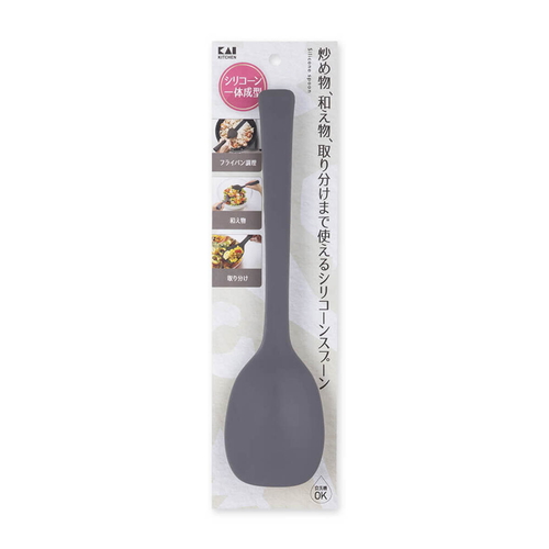 調理スプーン　KK　シリコーンスプーン　27cm 鮮やかなカラーのスプーンが立てかけられた横姿