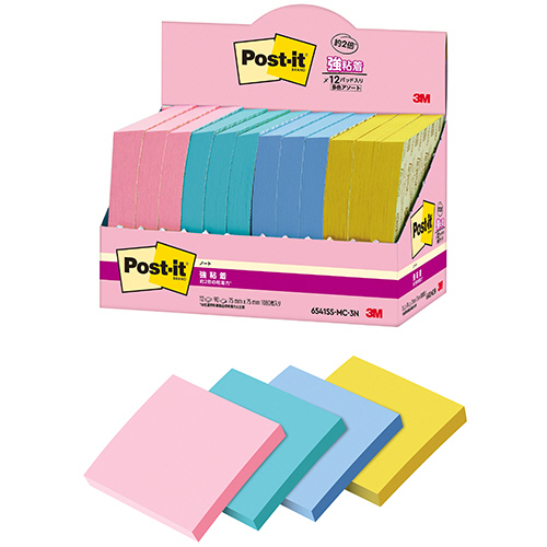 ﾎﾟｽﾄ･ｲｯﾄ 強粘着ﾉｰﾄ ﾏﾙﾁｶﾗｰ3 75×75mm 4色 1ﾊﾟｯｸ(12冊)画像