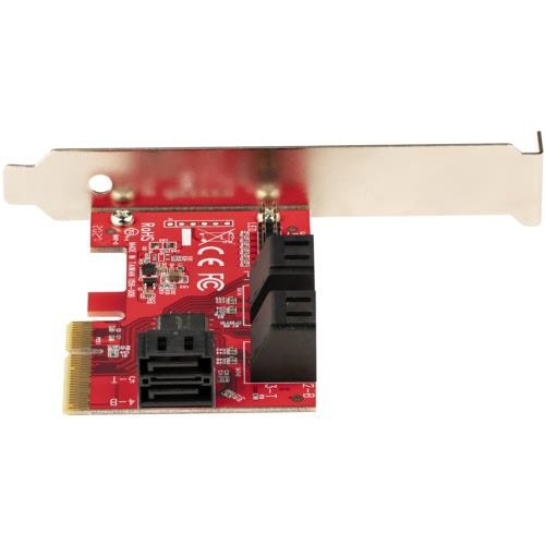 SATA　6ポート増設PCI　Expressインターフェースカード　1個 基板が斜めに置かれ、金属ブラケット側に6つのSATAポートが横一列に並ぶ1枚のみの様子