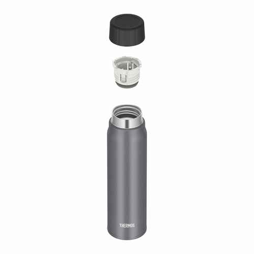サーモス　水筒　500ml　炭酸飲料ボトル　保冷　スクリュー　シルバー 滑らかなシルバーの表面を持つスクリューキャップタイプのボトルが正面から見える状態