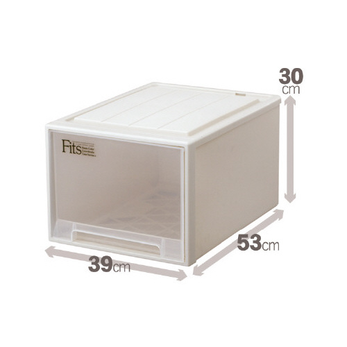 フィッツケース(奥行53cm)L-53×3 透明なプラスチック製のケースが整然と並べられ、引き出しが全開になっている様子