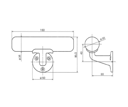 天然木　ミニ手すり　ミディアムオーク　35φ×150mm 自然な木目が際立つ横からのショットで、滑らかな表面と柔らかな曲線が見える状態