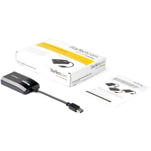 USB3.0接続　HDMI変換アダプター　ブラック　1個 接続端子が上向きに見える、黒いアダプターの正面からのアングル