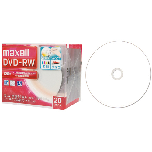 録画用DVD-RW 120分 1-2倍速 ﾎﾜｲﾄﾜｲﾄﾞﾌﾟﾘﾝﾀﾌﾞﾙ 5mmｽﾘﾑｹｰｽ 1ﾊﾟｯｸ(20枚)