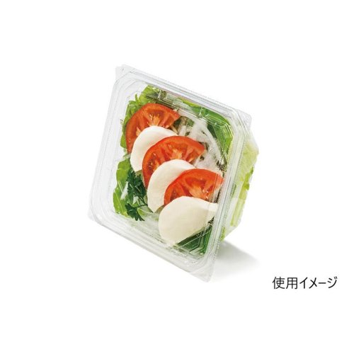 サラダ容器 バイオ フェイスオン 14-60B リスパック 透明な容器に新鮮なサラダが詰められ、蓋がしっかりと閉まった状態