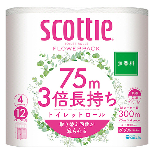 ｽｺｯﾃｨ ﾌﾗﾜｰﾊﾟｯｸ 3倍長持ち ﾀﾞﾌﾞﾙ 芯あり 75m 1ｾｯﾄ(48ﾛｰﾙ:4ﾛｰﾙ×12ﾊﾟｯｸ)画像