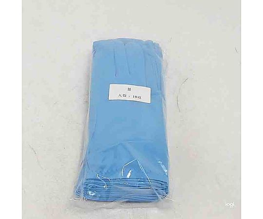 カラーナイロン手袋 M サックス 1袋（10双入） 袋に入った鮮やかなサックス色の手袋が横向きに並んでいる様子
