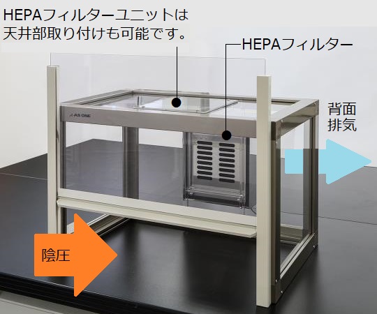 粉体計量用ドラフト 正面から見た透明なカバー付きの計量機器、内部が明るく照らされている様子