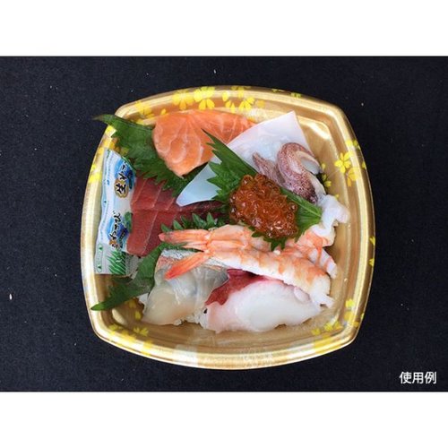どんぶり容器 Kランチ-7 本体耐熱金桜 ケーピープラテック 深い皿型の容器が正面から見える状態で、優雅な桜模様が施されている。