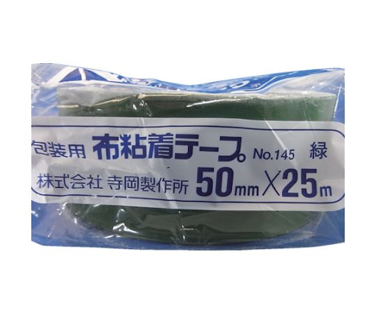 カラーオリーブテープ NO.145 緑 50mm×25M 緑色のテープがロール状に並び、ラベルの一部が見える状態