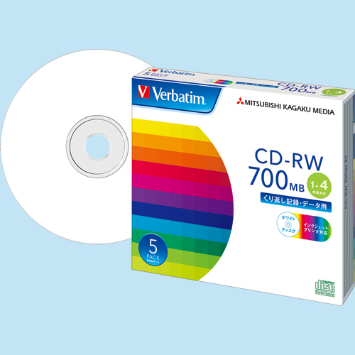 ﾃﾞｰﾀ用CD-RW 700MB 4倍速 ﾎﾜｲﾄﾌﾟﾘﾝﾀﾌﾞﾙ 5mmｽﾘﾑｹｰｽ 1ﾊﾟｯｸ(5枚)画像