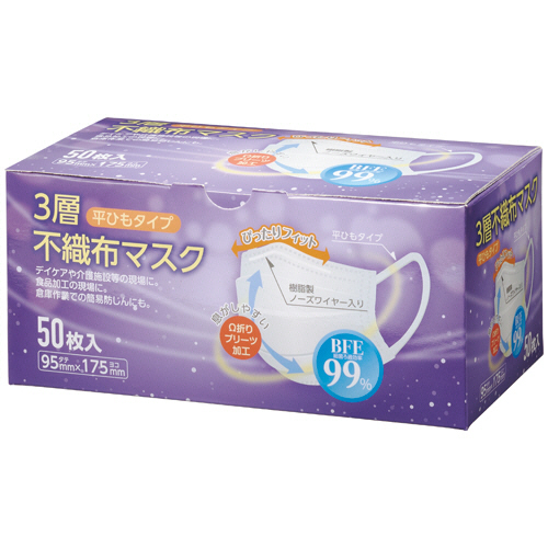 3層不織布ﾏｽｸ 平ひもﾀｲﾌﾟ 1箱(50枚)画像