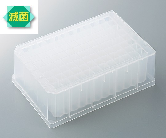 96ウェルディーププレート（V底）滅菌済（8個/袋×4袋入） 白い深めの皿が整然とパッケージに収められている様子