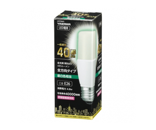 T形LED　40W形　E26　昼白色 商品全体が正面から撮影され、明るい色合いで目立つパッケージ。